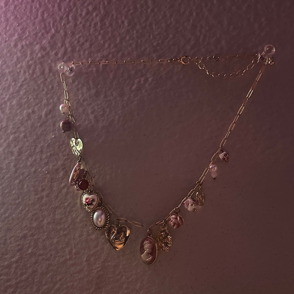 Francesca's Collections Gold Necklace with Pink and White Charms